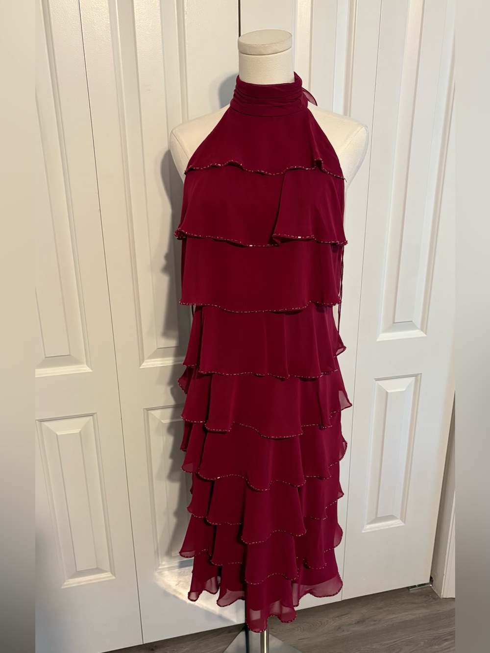 D’ALBERT Fuchsia Sleeveless Tiered Ruffle Dress with Silver Bead Trim, Bow Back